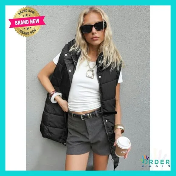 Long Hooded Puffer Vest Quilted Sleeveless Jacket Minimal Chic Winter Outerwear